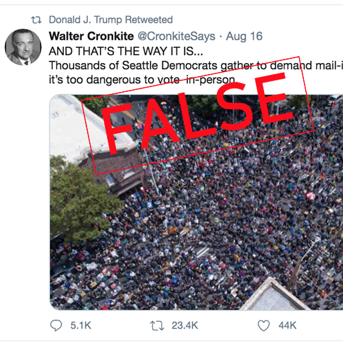 Image accompanying Photo shows "thousands of Seattle Democrats” gathered “to demand mail-in voting because it’s too dangerous to vote in-person.”